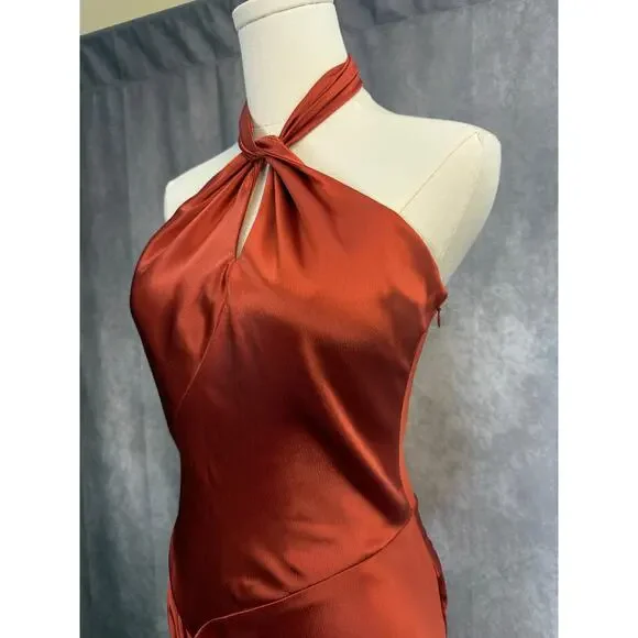 ABS  Formal Halter Keyhole Gown Satin-Style Rust Prom Gala Dress - Picture 4 of 11